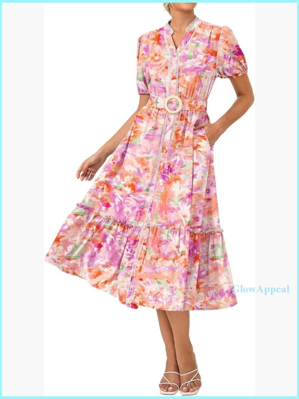 Floral Maxi Dress with Pockets & Belt, Puff Sleeves, Casual Boho Style